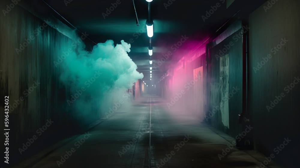 Cyberpunk Neon Tunnel with colorful smoke. Perspective. Future wallpaper. Grunge industrial scene. Genarative AI illustration.