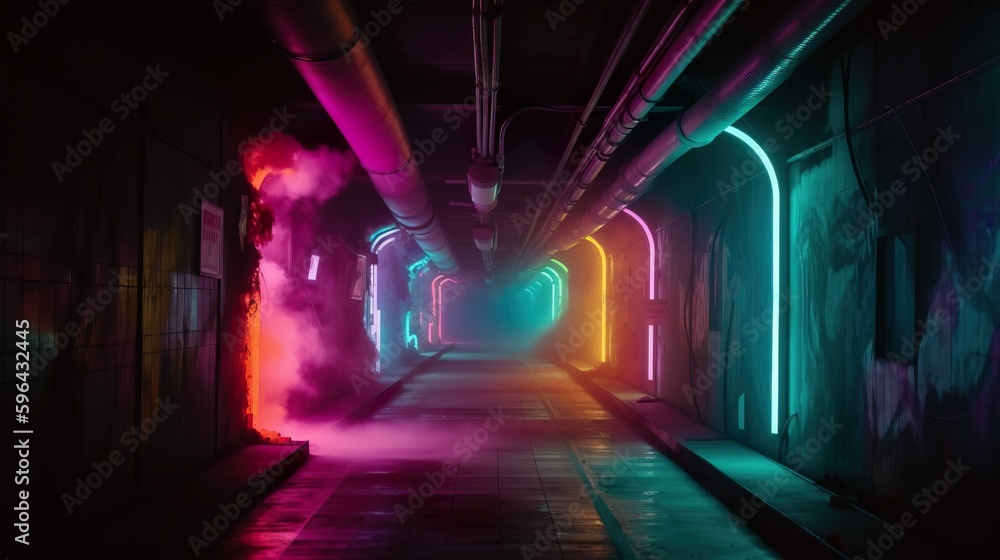 Cyberpunk Neon Tunnel with colorful smoke. Perspective. Future wallpaper. Grunge industrial scene. Genarative AI illustration.