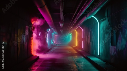 Cyberpunk Neon Tunnel with colorful smoke. Perspective. Future wallpaper. Grunge industrial scene. Genarative AI illustration. © Valeriy