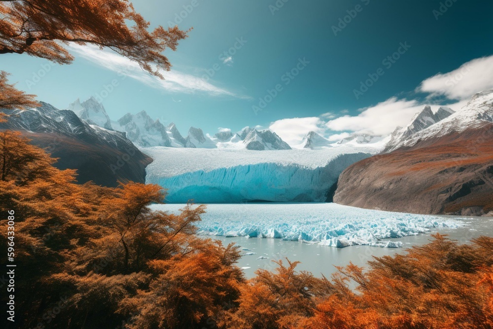 A scenic view of Perito Moreno Glacier in Los Glaciares National Park, Patagonia, Argentina. Generative AI