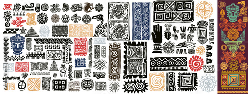 Big set of Mexican gods symbols. Colored abstract aztec animal bird totem idols, ancient inca maya civilization primitive traditional signs. Vector indigenous culture symbols and mythic rituals. photo