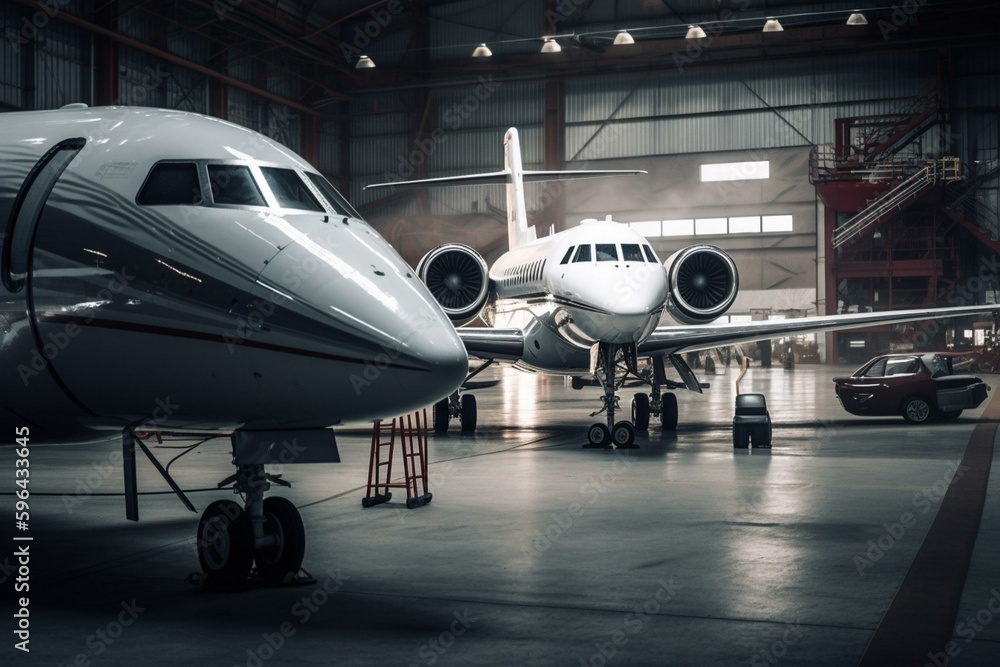 Planes parked in hangar with control tower in background. Generative AI Planes parked in hangar with control tower in background. Generative AI