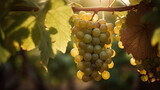 Close-up von saftigen, grünen Weintrauben in einem natürlichen Weinfeld im weichen Fokus, Bokeh, Generative AI