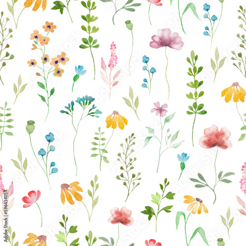 Watercolor floral seamless pattern with wildflowers. Hand drawn illustration isolated on white background. Vector EPS.