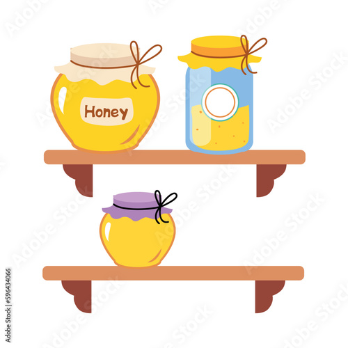Glass honey jars on wooden shelves cartoon vector illustration