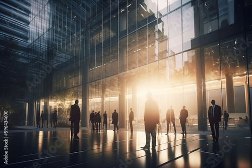 Double Exposure Business Meeting in Backlit Modern Building. Corporate Success and Teamwork Concept with Group of Businessmen and Women