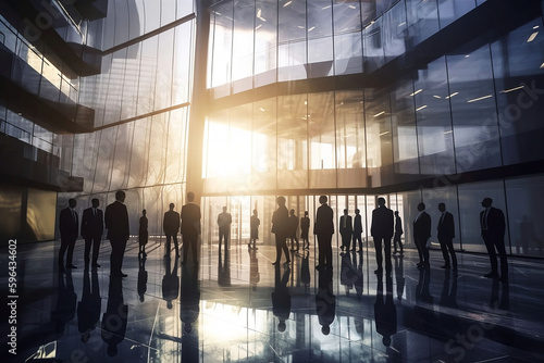 Double Exposure Business Meeting in Backlit Modern Building. Corporate Success and Teamwork Concept with Group of Businessmen and Women