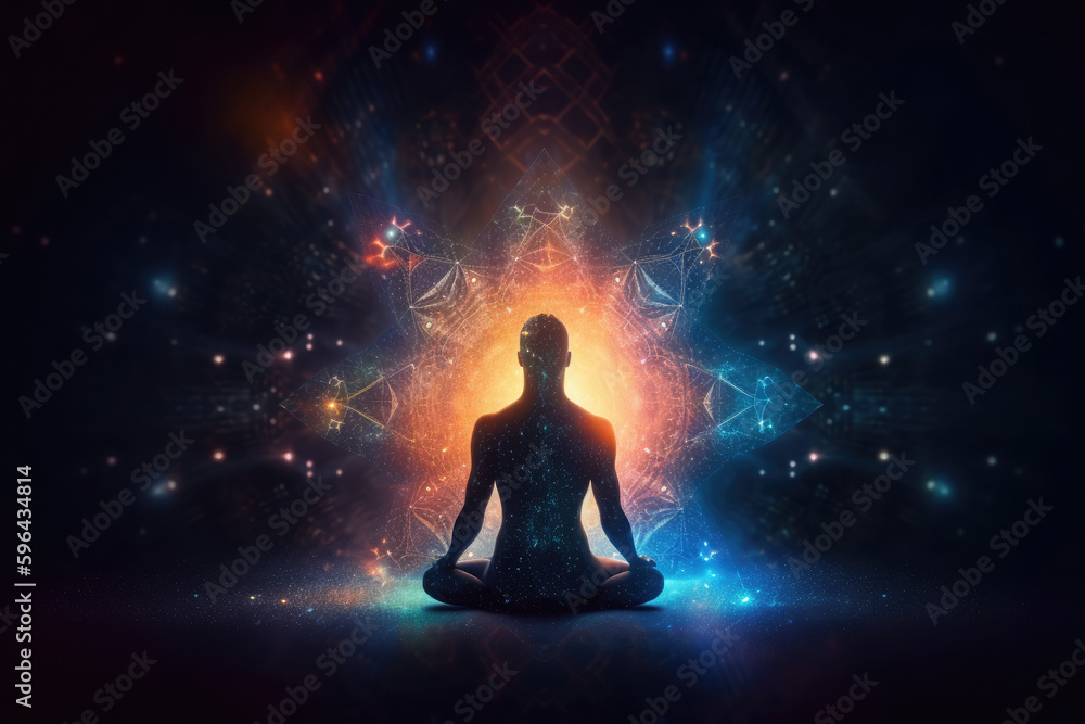 Silhouette of body meditate in lotus position on cosmic background. Spiritual awakening and positive energy of universe. Concept of communication with another world. Created with Generative AI