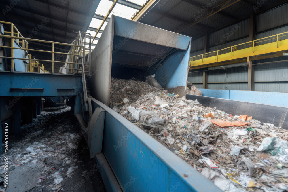 Recycling plant. Conveyor belt with pile of waste. Sorting garbage factory. Created with Generative AI