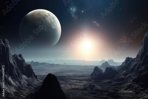 Surface of unknown planet with craters and mountains. Rising star in sky against of lifeless planet background. Colonization and terraforming new worlds in space. Created with Generative AI