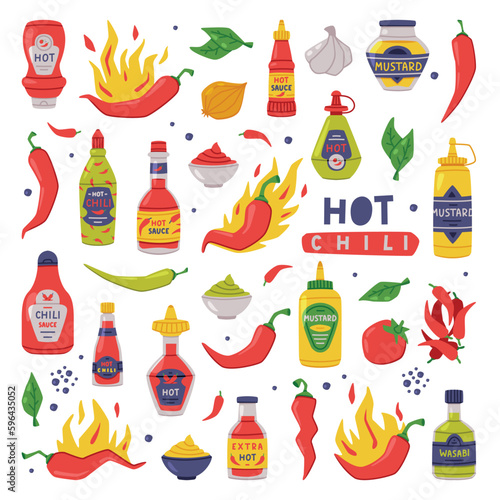Hot and Spicy Mustard and Chili Sauce in Plastic Bottle with Ingredient Vector Set