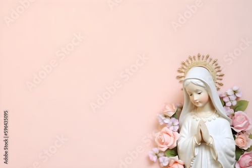 Background of Mary, mother of God. Wallpaper illustration. Front View with copy space for text information or content. Concept of faith, catholicism. Generative AI. photo