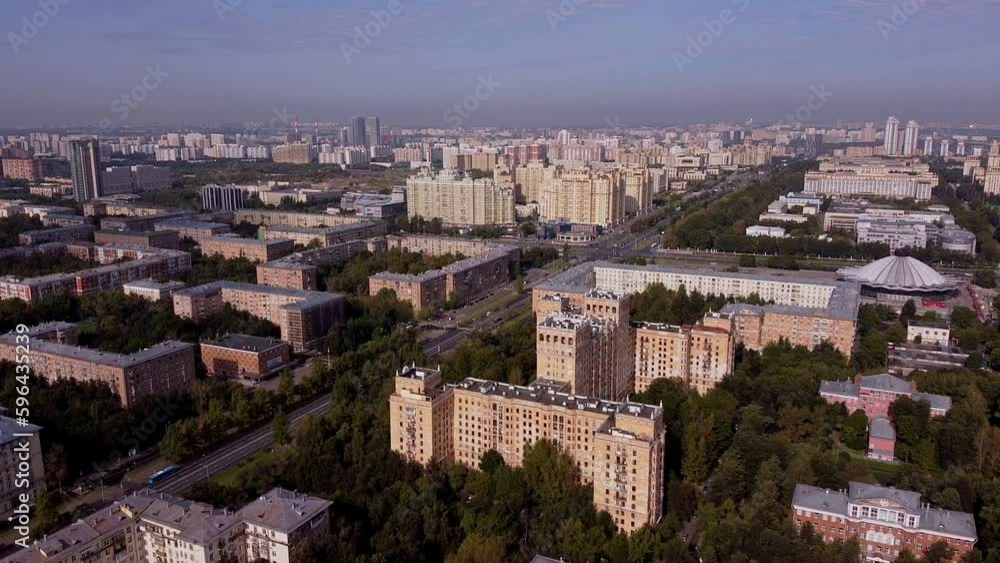Aerial view of the Michurinsky district of Moscow in summer. Establishing shot on the bedroom district of Moscow Michurinsky Prospekt Aerial view of the Michurinsky district of Moscow in summer. Establishing shot on the bedroom district of Moscow Michurinsky Prospekt