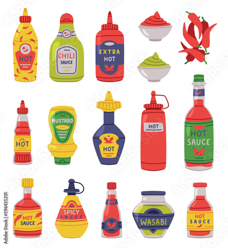 Hot and Spicy Mustard and Chili Sauce in Plastic Bottle with Label Vector Set