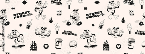 Burger retro cartoon fast food seamless pattern. Comic character, slogan, quotes and other elements for burger bar, cafe, restaurant. Groovy funky trendy vector illustration and background.
