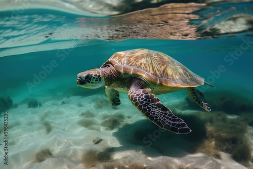 Turtle Swims Underwater in the sea, against the backdrop of beautiful nature, summer day, created with Generative AI