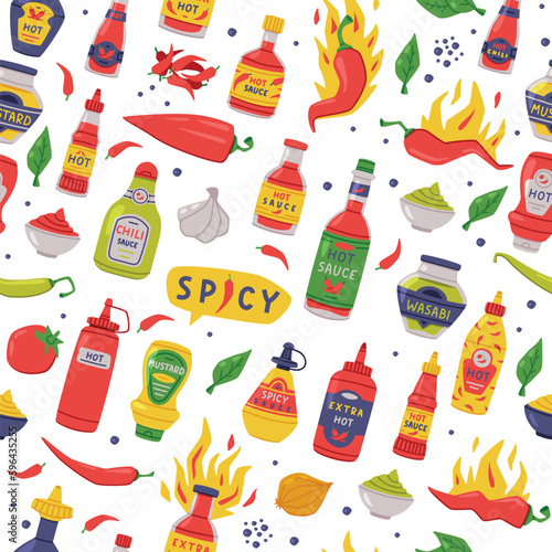 Hot and Spicy Mustard and Chili Sauce in Plastic Bottle with Ingredient Vector Seamless Pattern