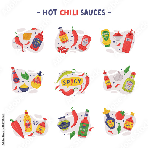 Hot and Spicy Mustard and Chili Sauce in Plastic Bottle Vector Composition Set