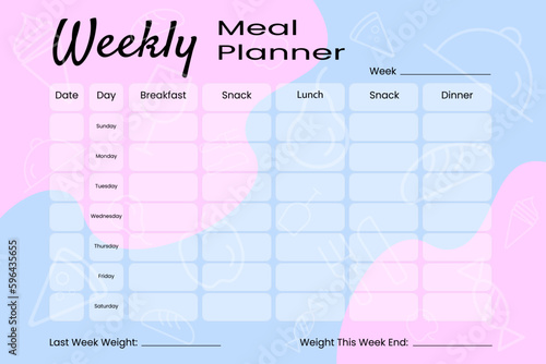 Weekly meal planner. The concept of weight loss, healthy lifestyle. Vector image.
