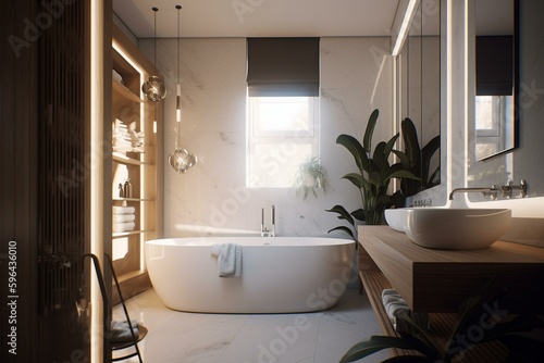 Contemporary bathroom redesign featuring wide-angle view. Generative AI
