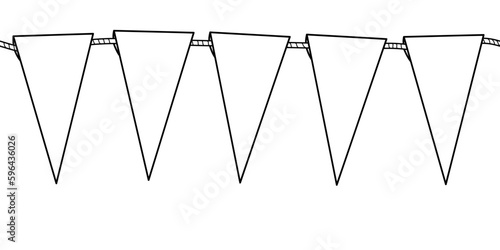 Pennants on string - seamless pattern. Hand drawn black and white vector illustration.