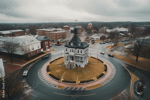 Aerial view of Bardstown, KY on winter day w/ overcast sky, showing roundabout around old courthouse in foreground. Generative AI photo