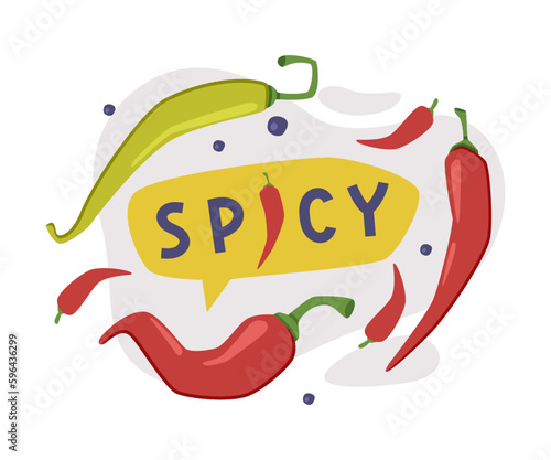 Spicy Hot Red Chili Pepper Vegetable Ingredient for Culinary with Inscription Vector Composition