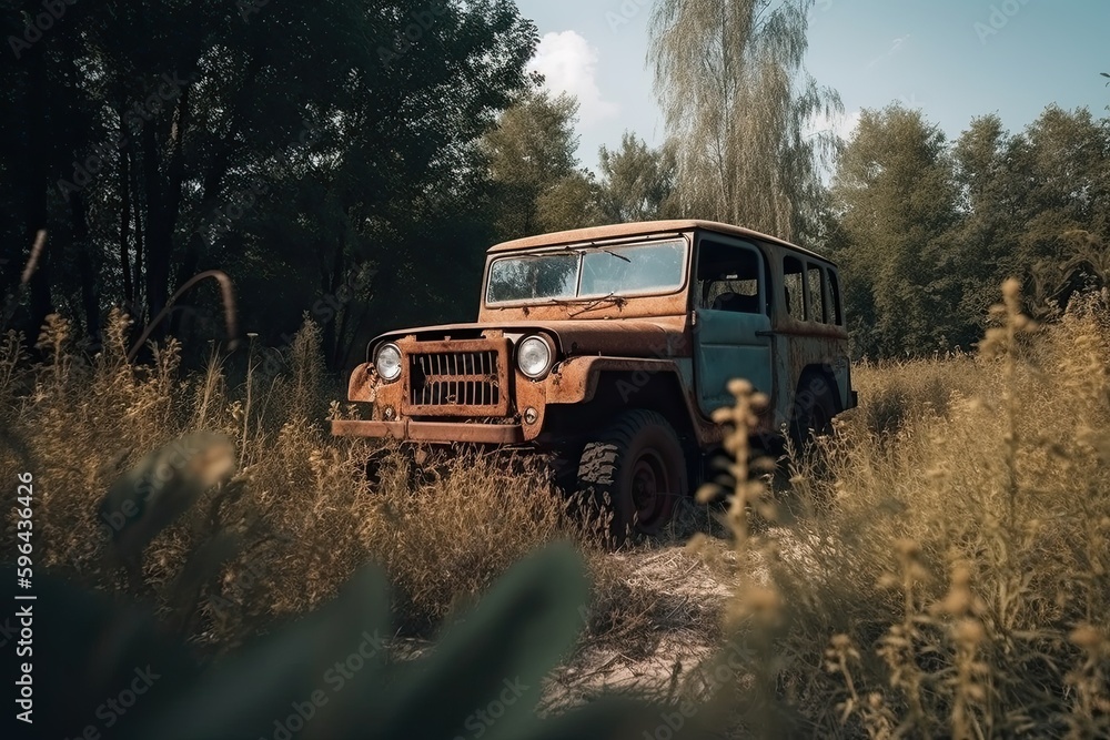 A Rusty and Wrecked Off-Road Vehicle Stands in Nature at an Abandoned Old Shelter: A Vintage Travel Memory in Ruins, Generative AI