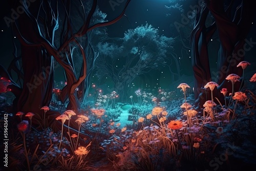 A Majestic and Mystical Wonderland: Luminous Flowers in a Fantasy Forest at Night, Generative AI © AIGen