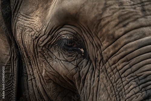 A Majestic Up-Close View of an Old, Wild Elephant: Capturing its Big Head, Skin, Trunk, Tusk, Ear, and Eye. Generative AI