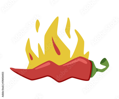 Hot Red Chili Pepper in Fire with Bright Flame Vector Illustration