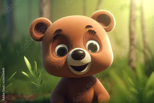 Adorable Baby Bear with Cute Smile to Delight Kids - 3D Cartoon Animation in Nature Fantasy Style. Generative AI