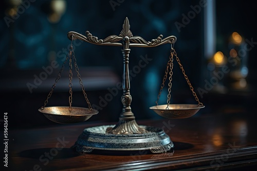 Antique Bronze Justice Scale - Symbol of Law and Legal Judgement in the Business Office Background. Generative AI