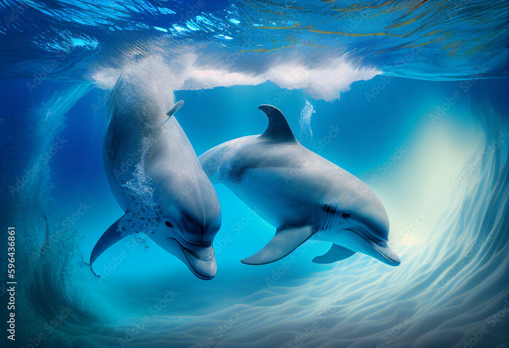 Obraz premium Two dolphins swim in the sea in the sun. AI Generated