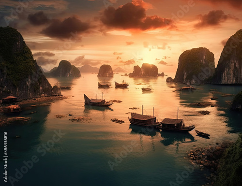 Ha Long Bay Vietnam. Beautiful Sunrise. Beautiful Sunset. Boats, water, travel, wanderlust. Generative AI © Art for Insomniacs