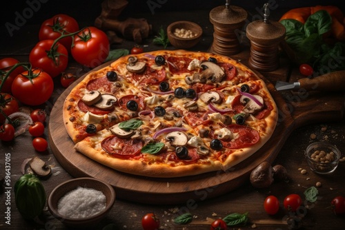 Pizza with mushrooms, tomatoes, sweet peppers, olives, onions, and feta cheese. Generative AI