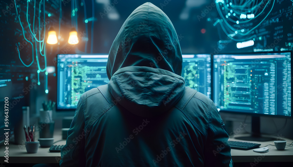 Back view hacker in hoodie working in dark neet, crypto theme neon color. Generation AI Back view hacker in hoodie working in dark neet, crypto theme neon color. Generation AI