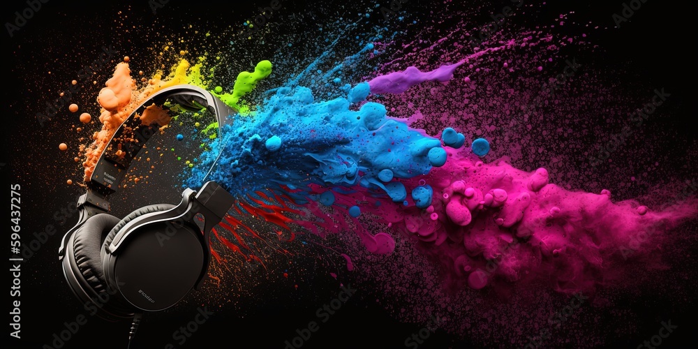 Headphone with color powder splash isolated on black by ai generative