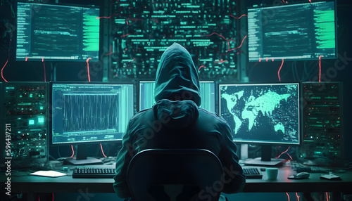 Back view hacker in hoodie working in dark neet, crypto theme neon color. Generation AI photo