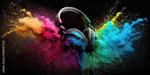 Headphone with color powder splash isolated on black by ai generative photo