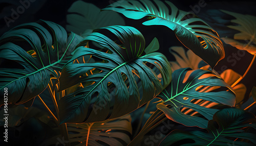 Flat lay tropical green leaf and palms background, dark nature concept.Generation AI