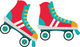 Colorful Roller Skates. Pair of Shoes for Skating retro model in modern style. Rollerblades Flat illustration isolated on white. Red and Blue Skating Shoes with white stripes and yellow laces