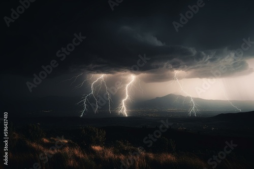 Intense thunderbolts illuminating the dark sky. Generative AI