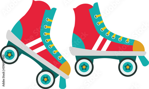 Colorful Roller Skates. Pair of Shoes for Skating retro model in modern style. Rollerblades Flat illustration isolated on white. Red and Blue Skating Shoes with white stripes and yellow laces photo