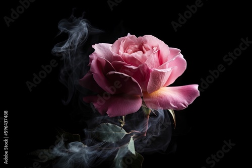 A Beautiful Pink Rose with Smokey Curves: Nature's Elegant Design Amid a Gloomy Black Background, Generative AI