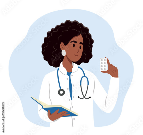 Doctor black woman with medicine. A female doctor writes a prescription.