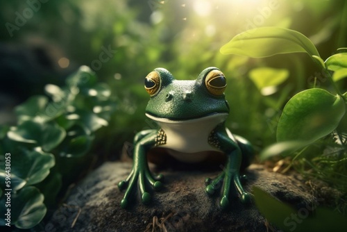 Humorous green frog comic perched on foliage. Generative AI