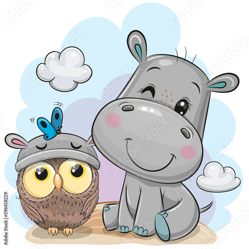 Cartoon Hippo and owl on the meaow