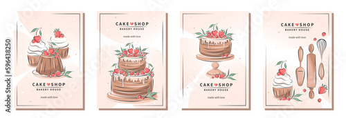 Set of design sample flyers for pastry and bread shop, cooking, dessert, sweet products. Cake shop, bakery house. Vector illustration for poster A4, banner, menu, advertising.