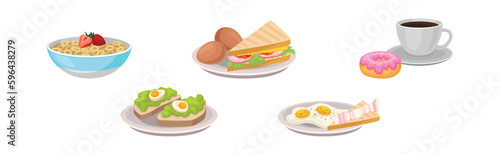 Breakfast Food with Sandwich, Scrambled Egg, Coffee and Donut Vector Set